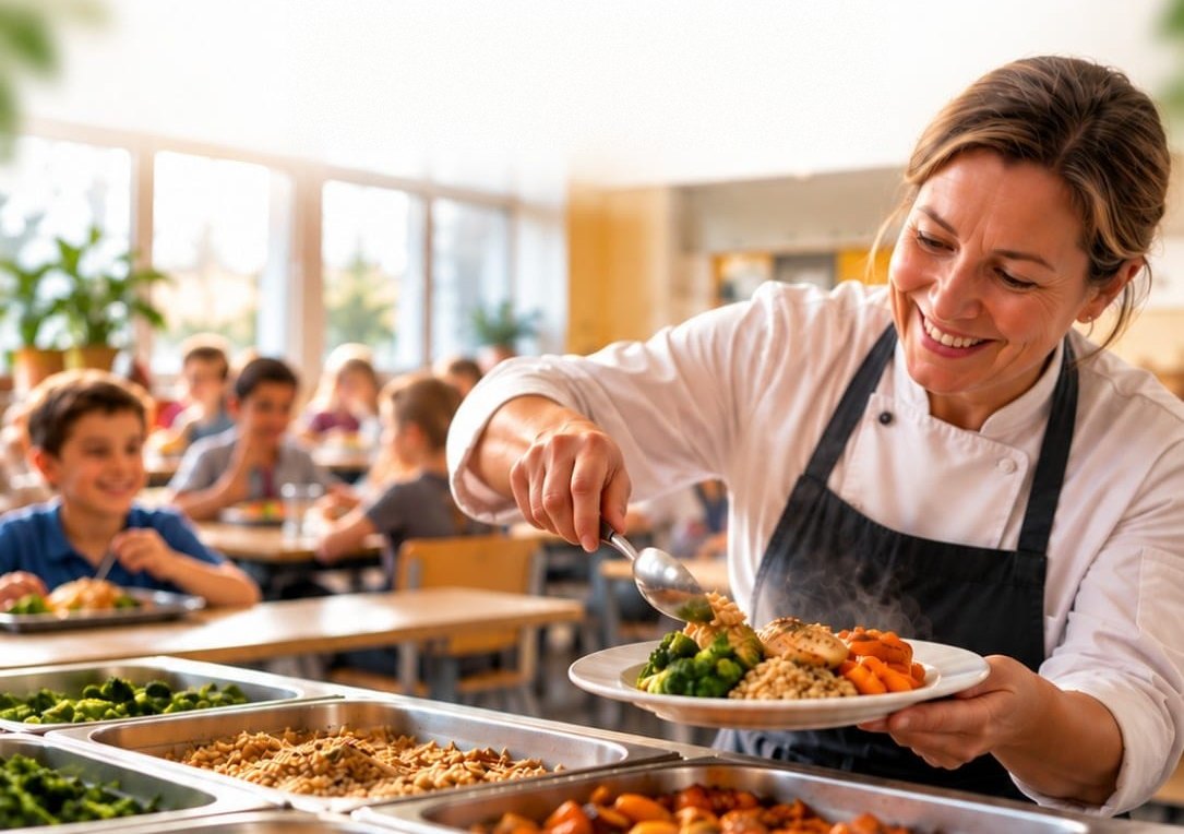 A cook serving a healthy meal in a school canteen